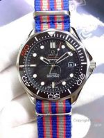 Omega 007 Replica Seamaster Watch - SS Red & Blue Nato Band